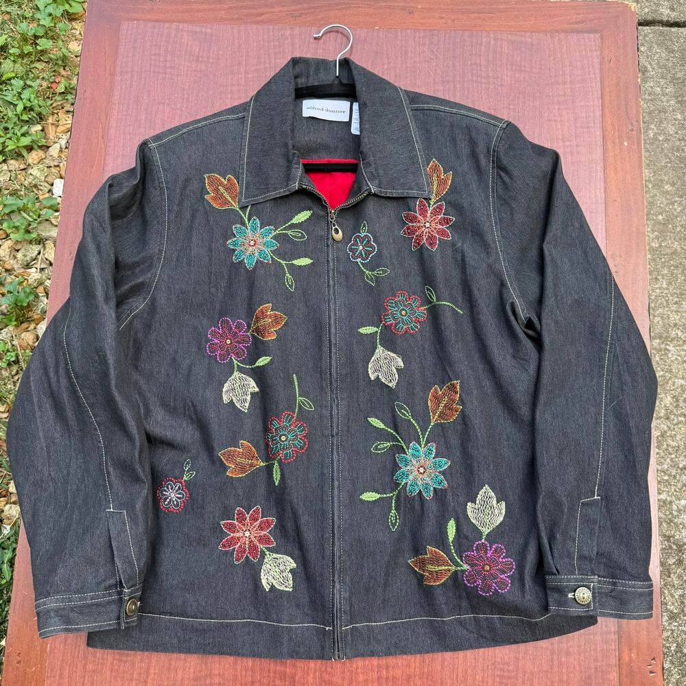 Alfred Dunner Floral Embroidered Denim Jacket Y2K Womens Size 16 Black Dark Wash